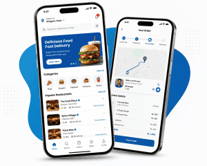 DelMunch app screens on two phones - home screen and order tracking screen